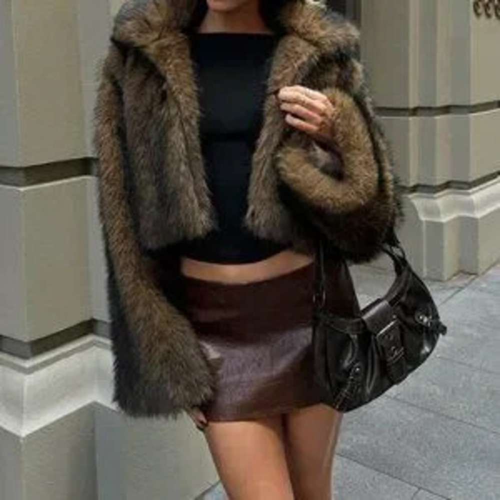 Brown Casual Women's Style Open Front Faux Fur Collar Coat, Outerwear - Picture 3 of 5